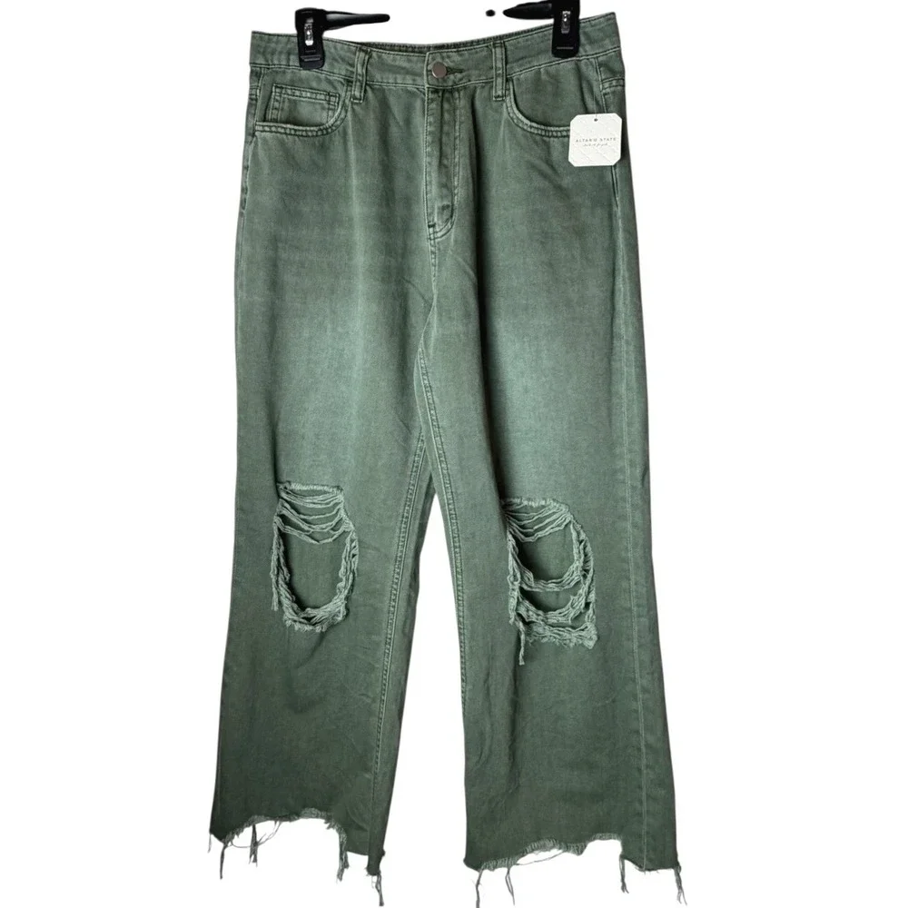 Altard State Jeans Women 29 Olive Green Distressed Wide Leg Crop‎ Pants NWT - Picture 2 of 13